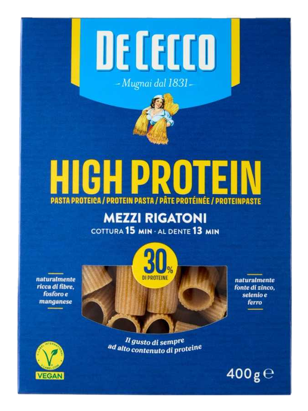 De Cecco High Protein Mezzi Rigatoni n°26 400 g · boîte